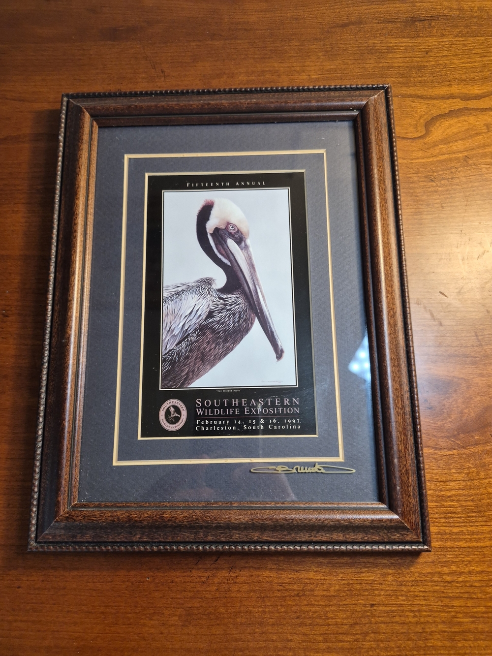 Vintage Carl Brenders Brown Framed Pelican Art Print Signed 1997